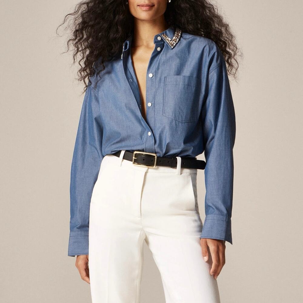 NWT J.Crew Etienne Oversized Shirt In Embellished Oxford Cornflower Blue Size XS